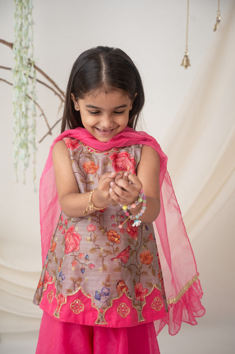 Pre-Order: Floral Embroidered Kurti Set with Organza Palazzo and Dupatta