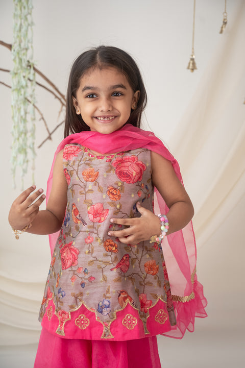 Pre-Order: Floral Embroidered Kurti Set with Organza Palazzo and Dupatta