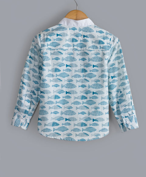 All Over Fish Print Shirt-White/Blue