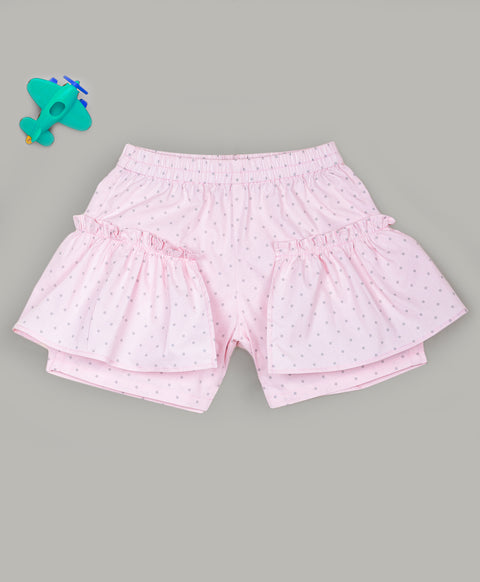 Dot print shorts with gathers at sides-Pink