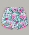 Large floral print shorts with contrast pink lace along seams-White / Green