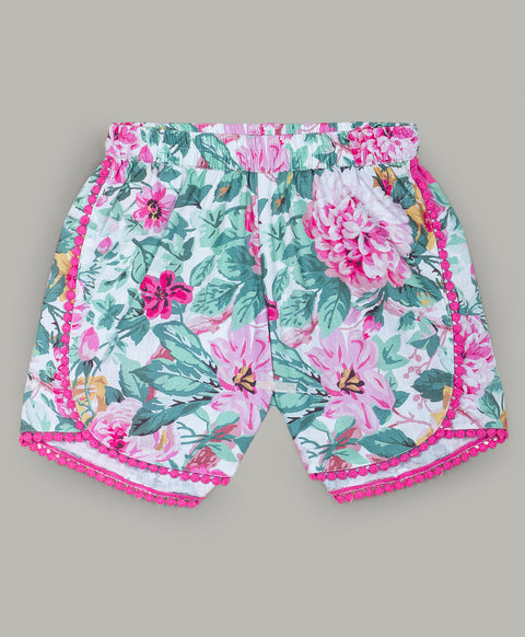 Large floral print shorts with contrast pink lace along seams-White / Green