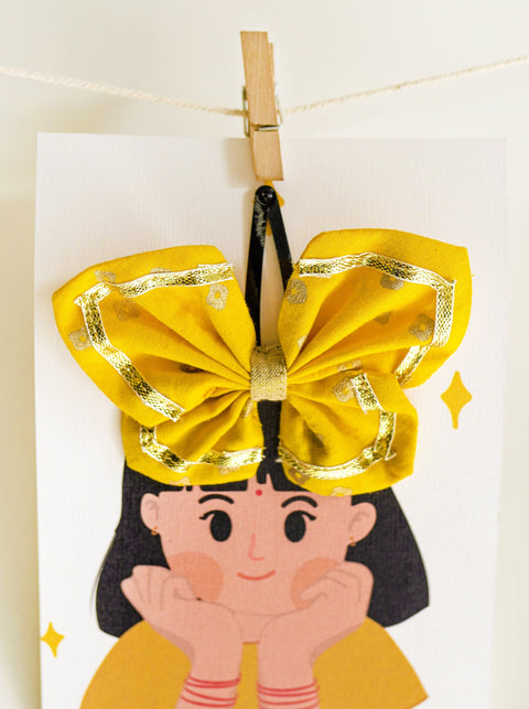 Printed Bandhani Butterfly Hairclip-Yellow
