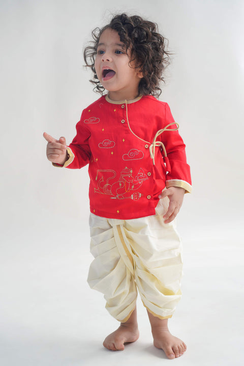 Baby Boy Hanuman Dhoti Kurta Set-Red