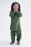 Boy Self Design Pathani Set-Green