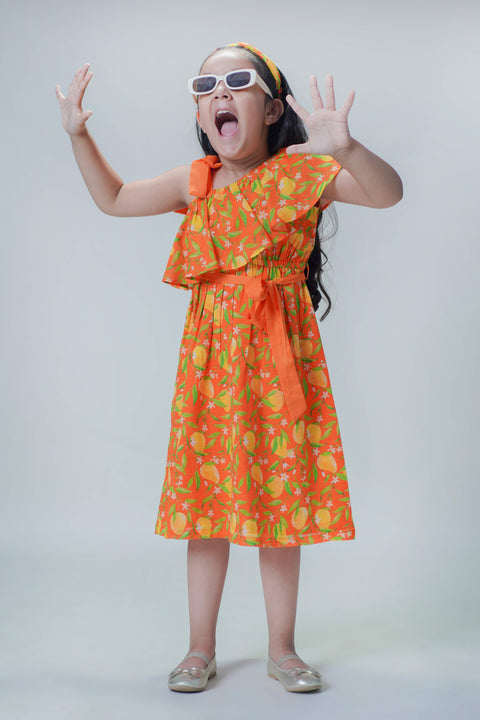 Girls One Shoulder Dress-Orange