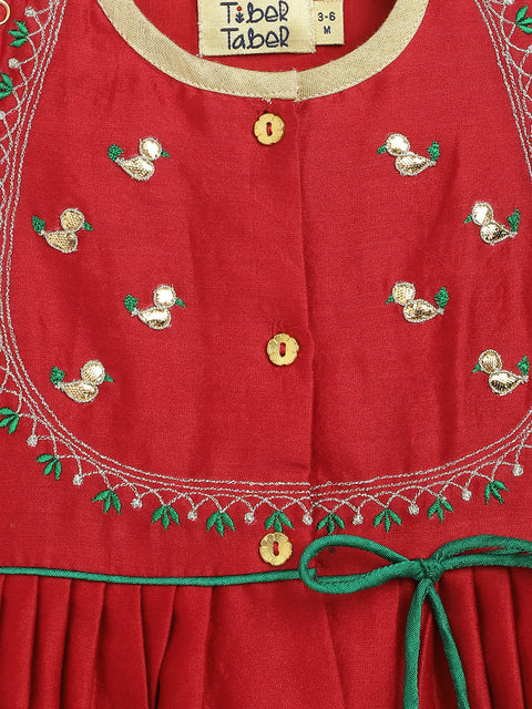 Baby Girl Chanderi Silk Ruffle Sleeves Angrakha Set - Red