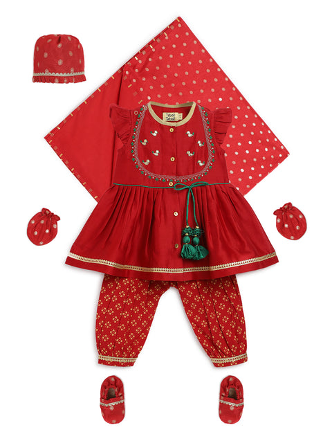 Pre-Order: Baby Girl Chanderi Silk Ruffle Sleeves Combo Set - Red
