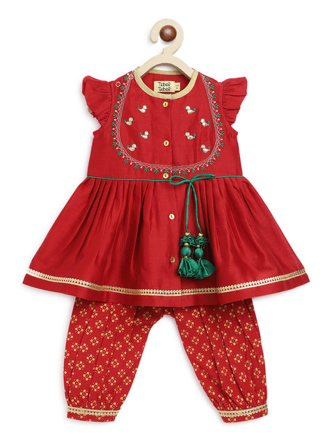 Baby Girl Chanderi Silk Ruffle Sleeves Combo Set - Red