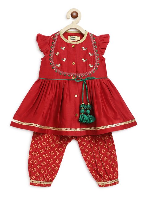 Girl Cotton Silk Blend Ruffle Sleeve Combo Set - Red