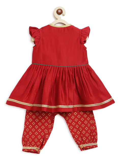 Girl Cotton Silk Blend Ruffle Sleeve Combo Set - Red