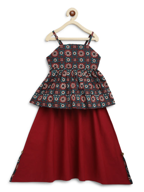 Pre-order: Girls Indie Print Cotton Co-ord Top Pant Set - Green