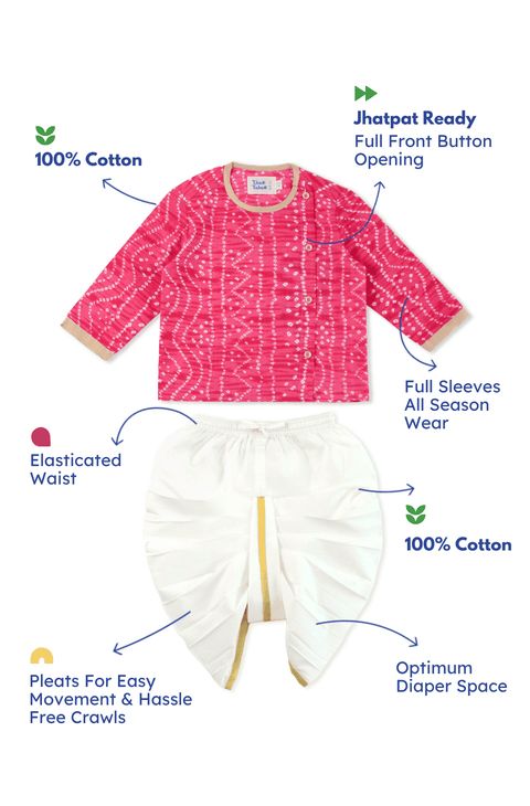 Pre-Order: Baby Boy Bandhani Pink Prince Dhoti Set - Pink