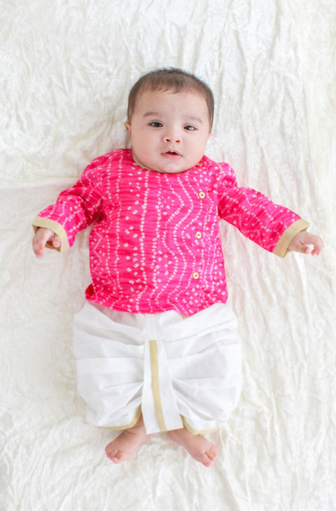 Pre-Order: Baby Boy Bandhani Pink Prince Dhoti Set - Pink