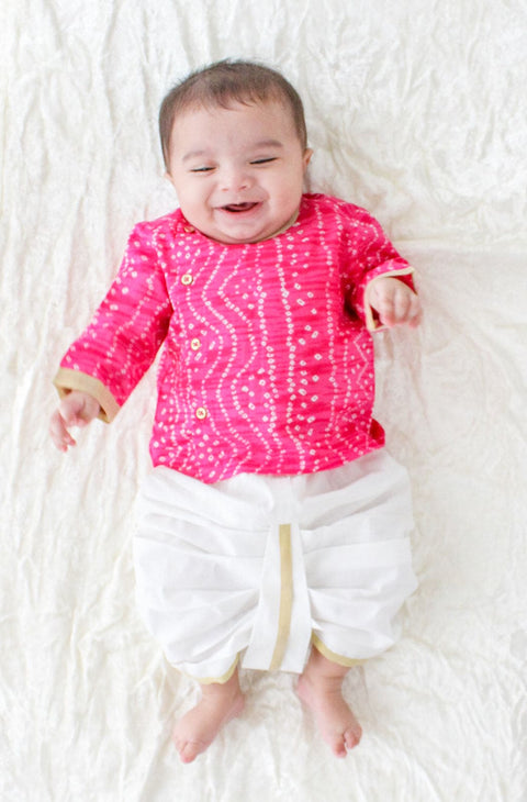 Pre-Order: Baby Boy Bandhani Pink Prince Dhoti Set - Pink