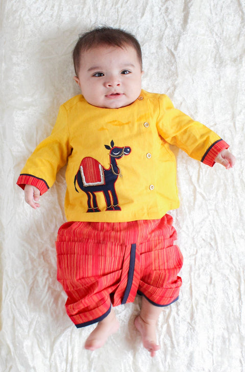 Pre-Order: Baby Boy Royal Camel Dhoti Set - Yellow