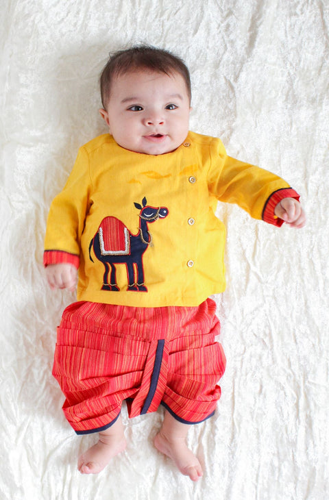 Pre-Order: Baby Boy Royal Camel Dhoti Set - Yellow