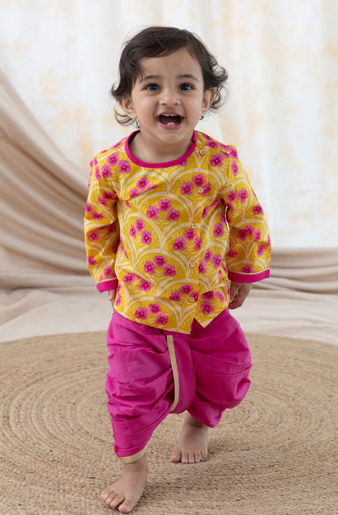 Pre-Order: Baby Boy Floral Dhoti Kurta Set-Yellow
