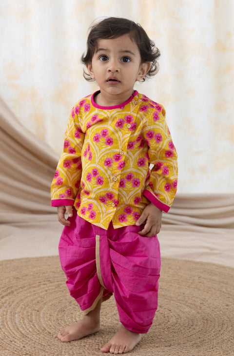 Pre-Order: Baby Boy Floral Dhoti Kurta Set-Yellow