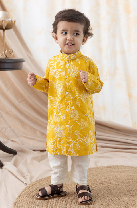 Pre-Order: Baby Boy Floral Kurta Pyjama Set-Yellow