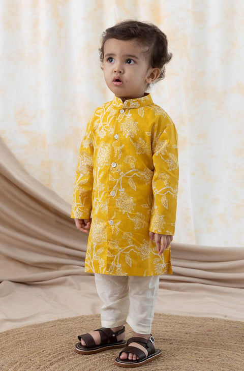 Pre-Order: Baby Boy Floral Kurta Pyjama Set-Yellow