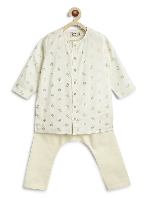 Pre-Order: Baby Boy Foil Print Kurta Pyjama Set - Cream