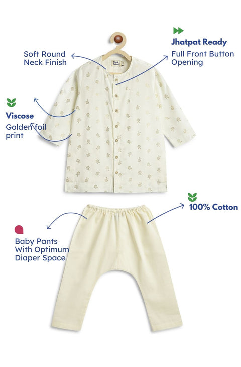 Pre-Order: Baby Boy Foil Print Kurta Pyjama Set - Cream