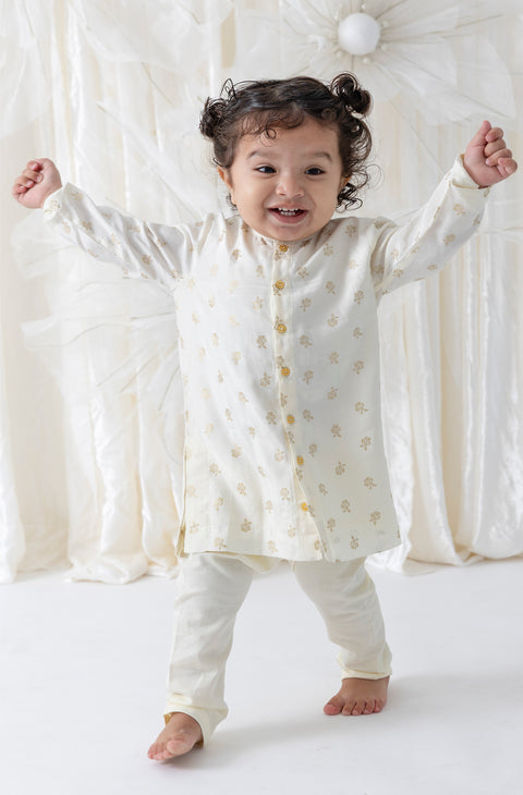 Pre-Order: Baby Boy Foil Print Kurta Pyjama Set - Cream