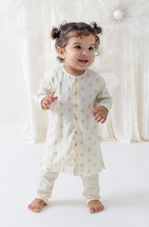 Pre-Order: Baby Boy Foil Print Kurta Pyjama Set - Cream