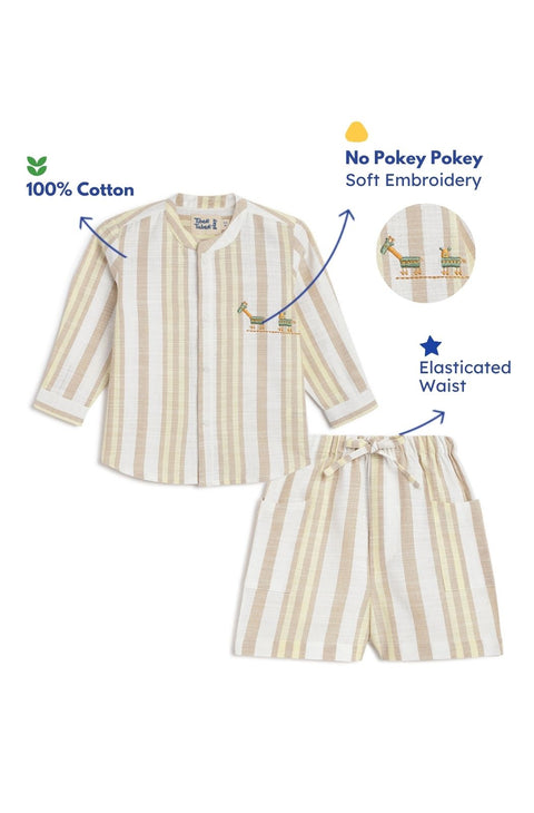 Pre-Order:  Baby Boy Giraffe Embroidery Stripes Shirt & Shorts Set-Beige