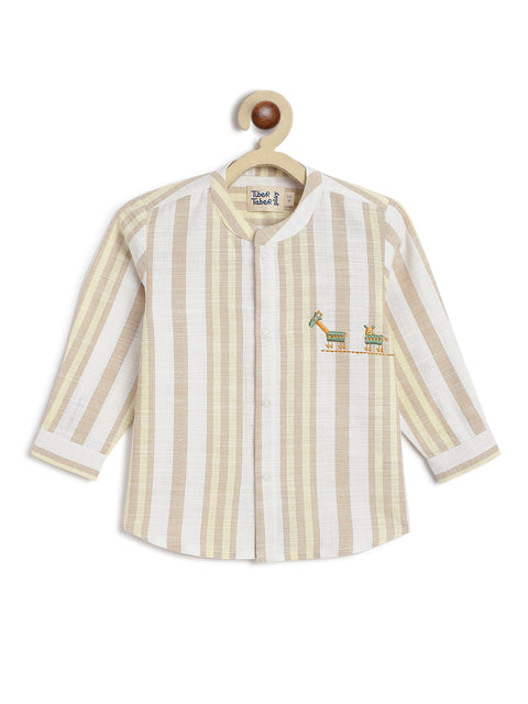Pre-Order:  Baby Boy Giraffe Embroidery Stripes Shirt & Shorts Set-Beige