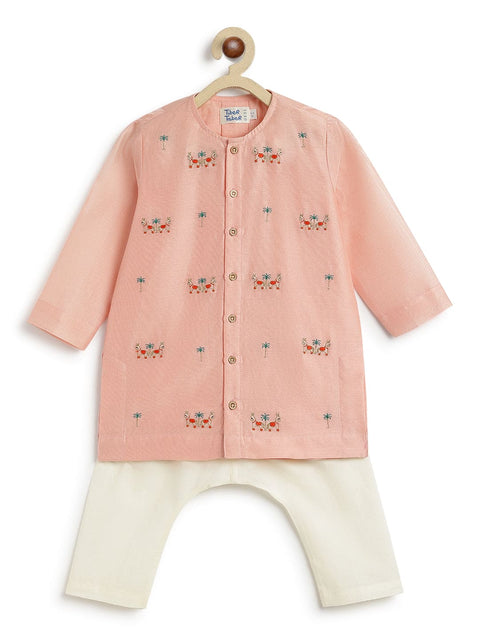 Pre-Order: Baby Boy Horse Kurta Pyjama Set - Peach