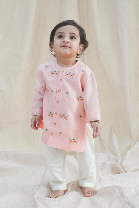 Pre-Order: Baby Boy Horse Kurta Pyjama Set - Peach