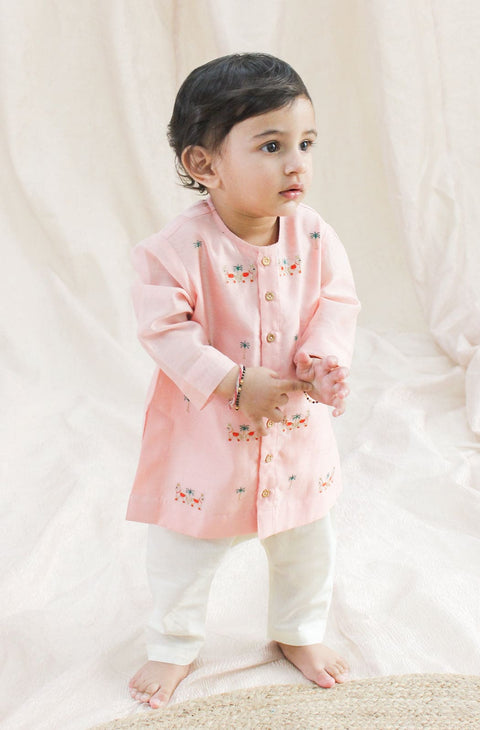 Pre-Order: Baby Boy Horse Kurta Pyjama Set - Peach