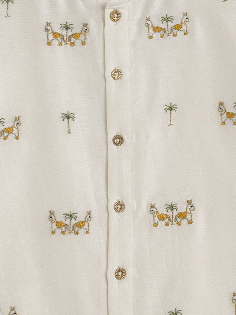 Pre-Order:  Baby Boy Horse Kurta Pyjama Set - Cream