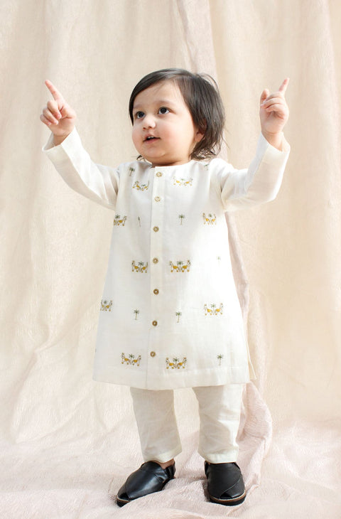 Pre-Order:  Baby Boy Horse Kurta Pyjama Set - Cream