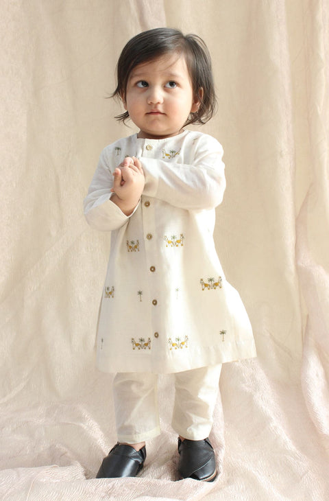 Pre-Order:  Baby Boy Horse Kurta Pyjama Set - Cream