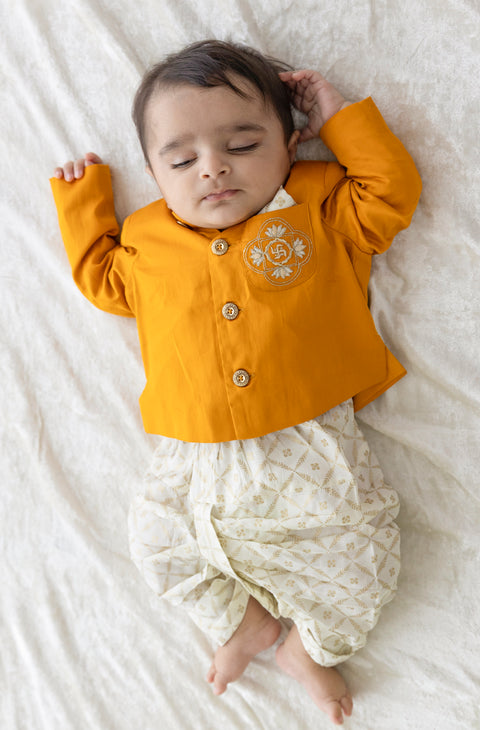 Pre-Order: Baby Boy Lotus Bandhgala Dhoti Set-Yellow
