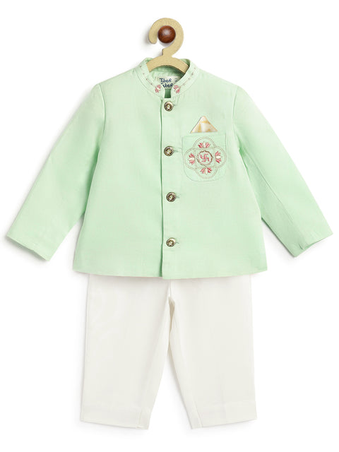 Pre-Order: Baby Boy Lotus Bandhgala Pant Set-Green