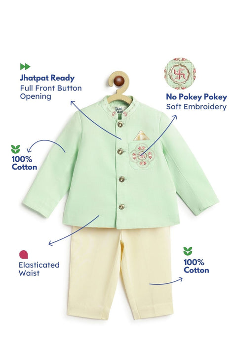 Pre-Order: Baby Boy Lotus Bandhgala Pant Set-Green