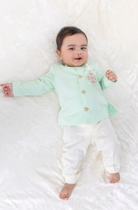 Pre-Order: Baby Boy Lotus Bandhgala Pant Set-Green