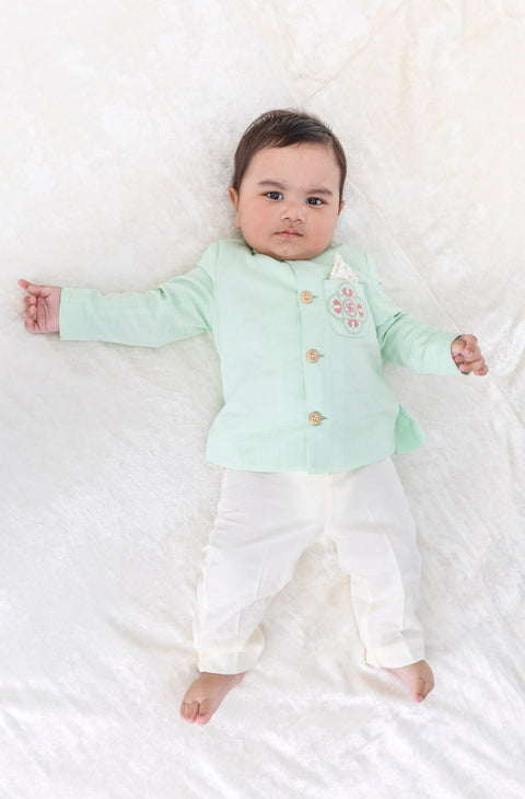 Pre-Order: Baby Boy Lotus Bandhgala Pant Set-Green