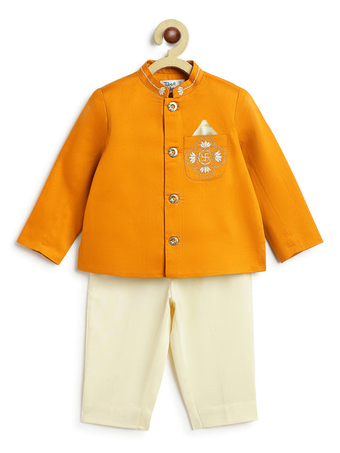 Pre-Order: Baby Boy Lotus Bandhgala Pant Set-Yellow
