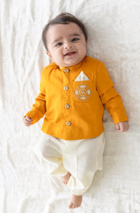 Pre-Order: Baby Boy Lotus Bandhgala Pant Set-Yellow
