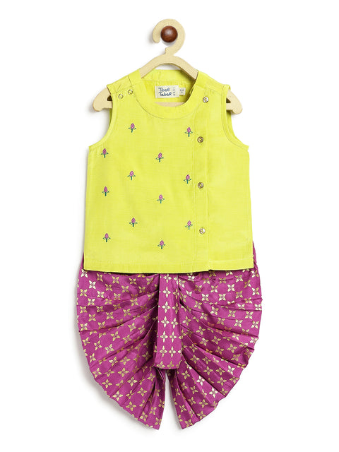 Pre-Order: Baby Boy Lotus Sleeveless Kurta Dhoti Set-Green