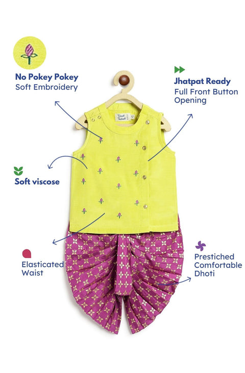 Pre-Order: Baby Boy Lotus Sleeveless Kurta Dhoti Set-Green