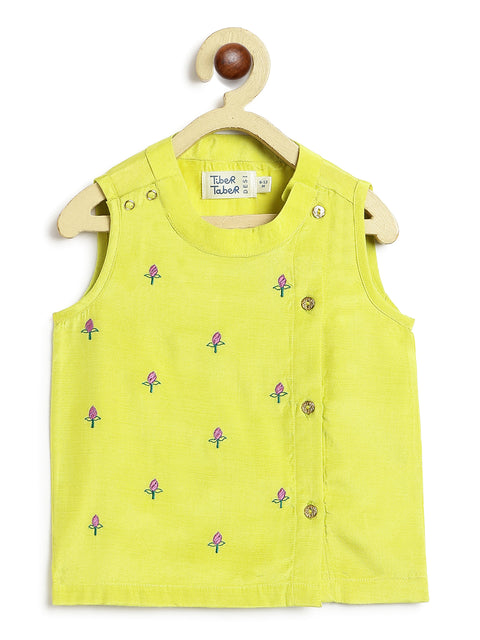 Pre-Order: Baby Boy Lotus Sleeveless Kurta Dhoti Set-Green