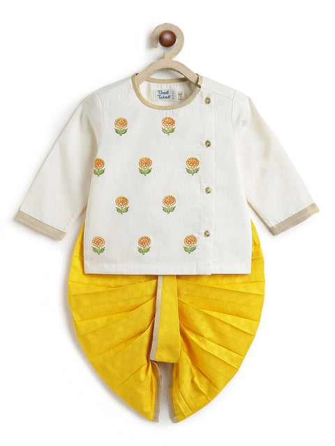 Pre-Order: Tiber Taber Yellow Embroidered Dhoti Set-Cream