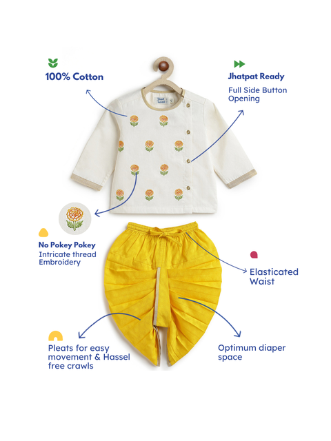 Pre-Order: Tiber Taber Yellow Embroidered Dhoti Set-Cream