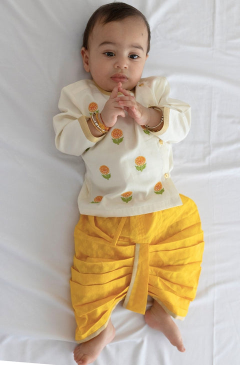 Pre-Order: Tiber Taber Yellow Embroidered Dhoti Set-Cream